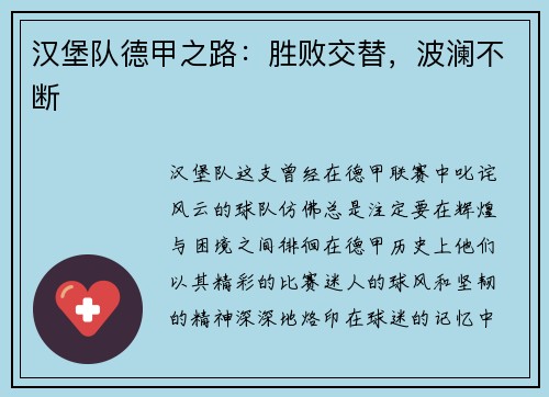 汉堡队德甲之路：胜败交替，波澜不断